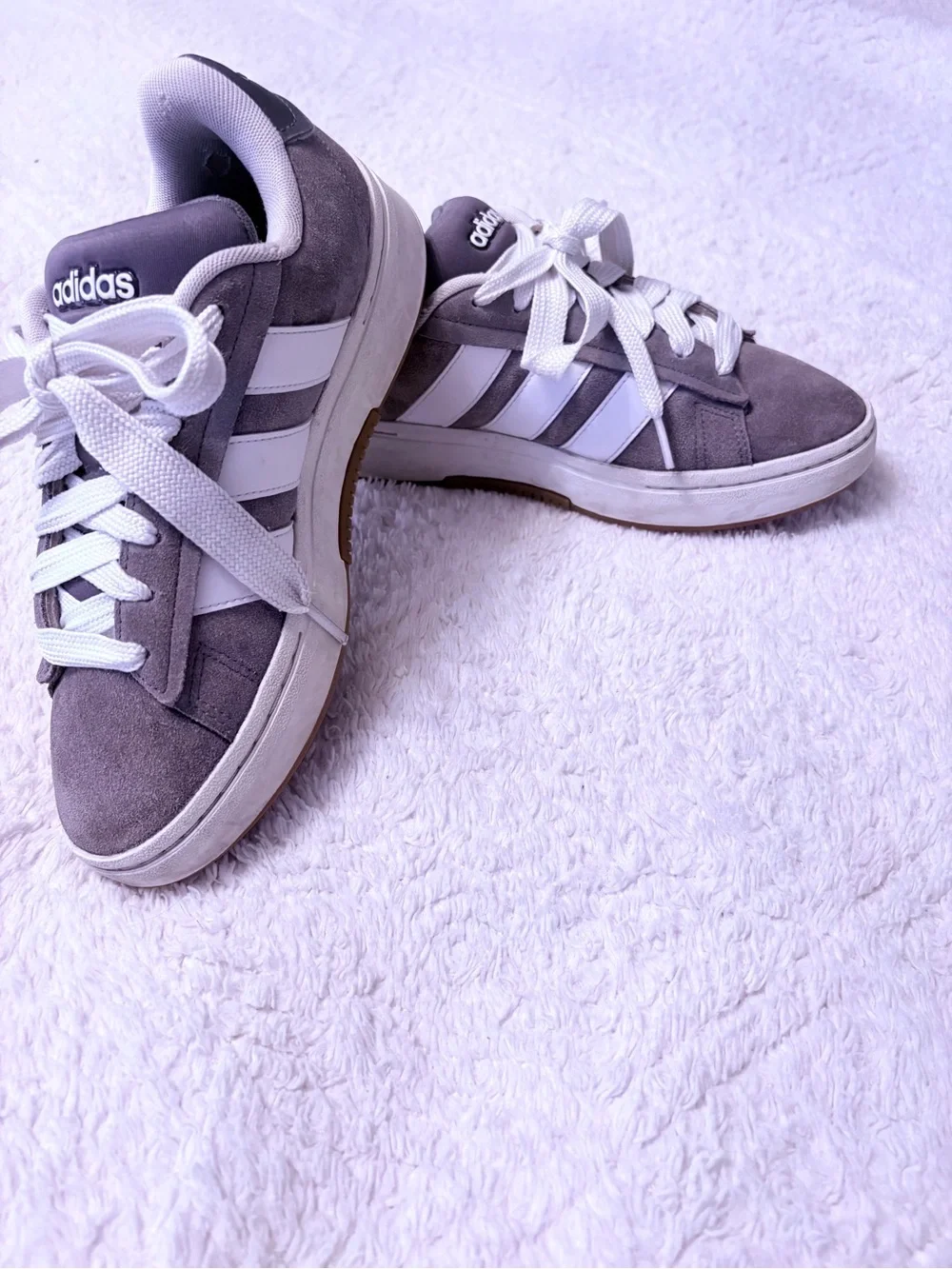 Size 7.5 Men/ 9 Wen Adidas grey suede and white Grand Court Alpha.